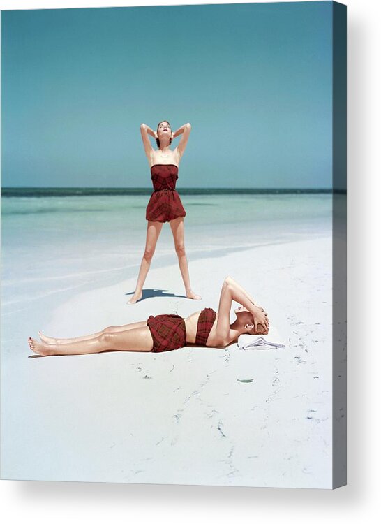 Fashion Acrylic Print featuring the photograph Two Models in Wool Tartan Swimsuits, Vogue by John Rawlings