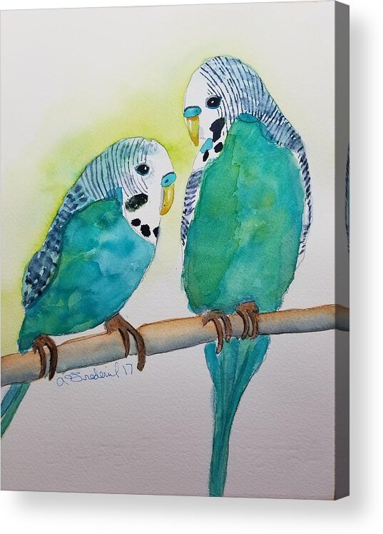 Parakeets Acrylic Print featuring the painting Two Purty Birdies by Ann Frederick