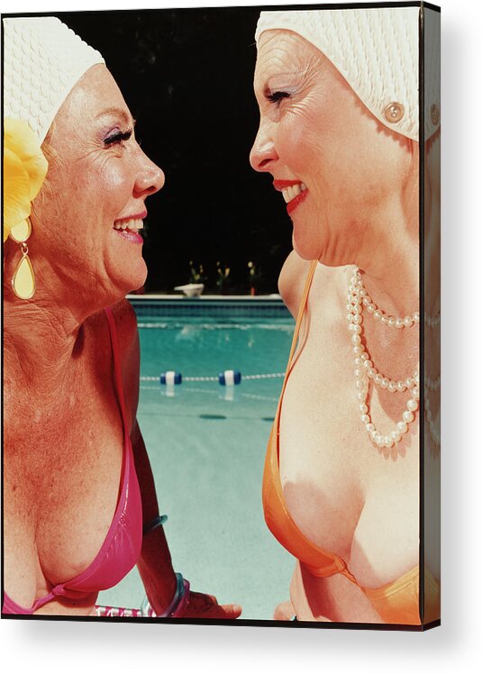Mature Adult Acrylic Print featuring the photograph Two Women By Pool by Silvia Otte