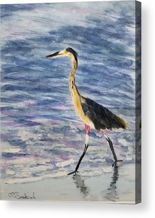 Herons Acrylic Print featuring the painting Walk on the beach by Ann Frederick