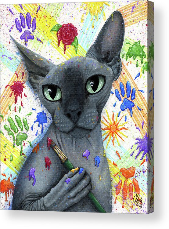 Sphynx Cat Acrylic Print featuring the painting Walter The Artist - Sphynx Cat by Carrie Hawks