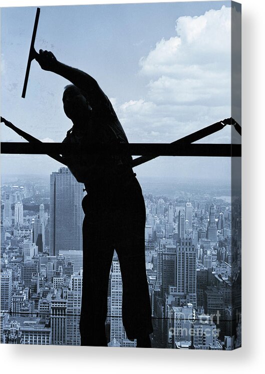 Working Acrylic Print featuring the photograph Window Washer Cleaning Skyscraper by Bettmann