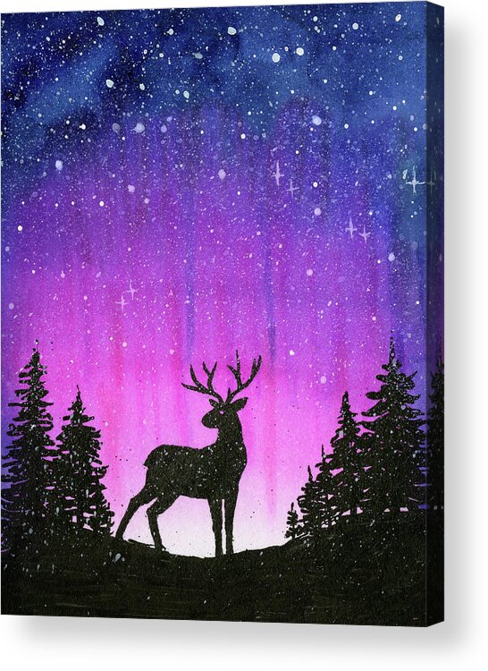 Watercolor Acrylic Print featuring the painting Winter Forest Galaxy Reindeer by Olga Shvartsur