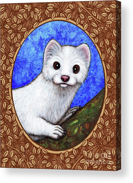 Animal Portrait Acrylic Print featuring the painting Winter Weasel Portrait - Brown Border by Amy E Fraser