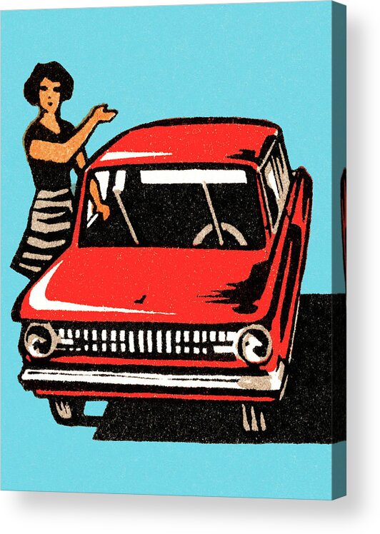 Adult Acrylic Print featuring the drawing Woman showing red car by CSA Images