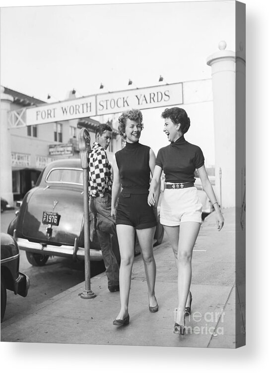 People Acrylic Print featuring the photograph Women In Shorts Draw An Admiring Whistle by Bettmann