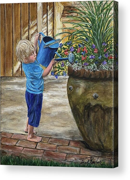 Boy Acrylic Print featuring the painting Boy watering Flowers #1 by Bonnie Peacher