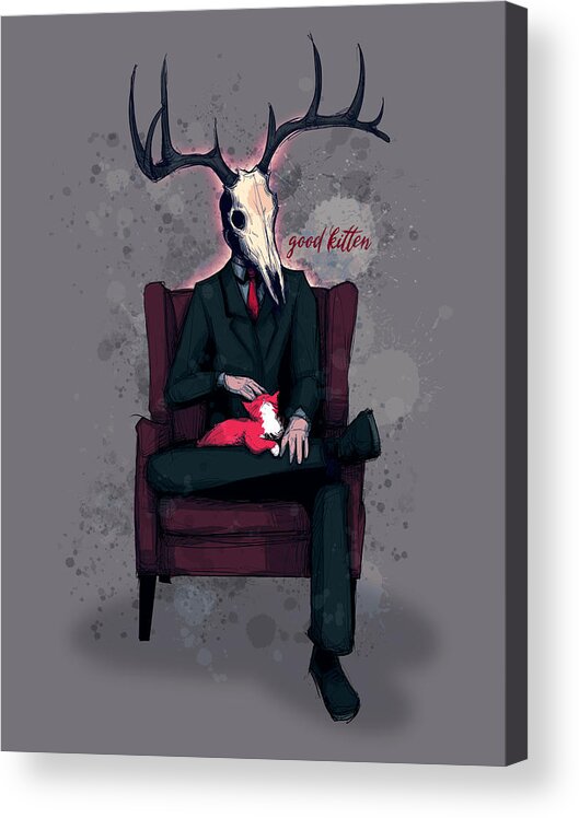 Kitten Acrylic Print featuring the drawing Deer Daddy Series 4 Kitten #1 by Ludwig Van Bacon