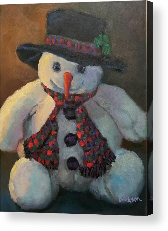 Snowman Christmas Stuffed Animal Holidays Winter Snow Snowflake Wisconsin Driftless Region Acrylic Print featuring the painting Grinning Snowman #2 by Jeff Dickson