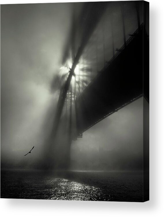 Monochrome Acrylic Print featuring the photograph One Morning at the Bridge by Grant Galbraith