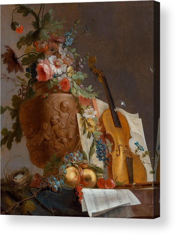 Jean-jacques Bachelier Acrylic Print featuring the painting Still life with flowers and a violin #1 by Jean Jacques Bachelier