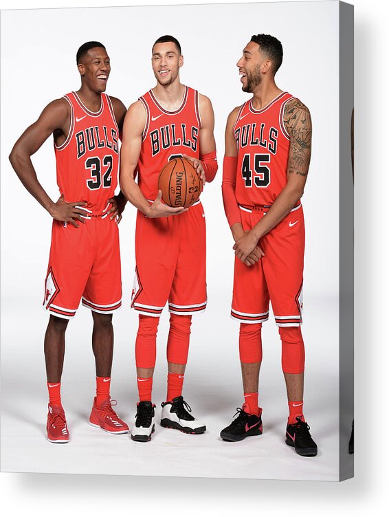 Kris Dunn Acrylic Print featuring the photograph Zach Lavine, Kris Dunn, and Denzel Valentine #1 by Randy Belice