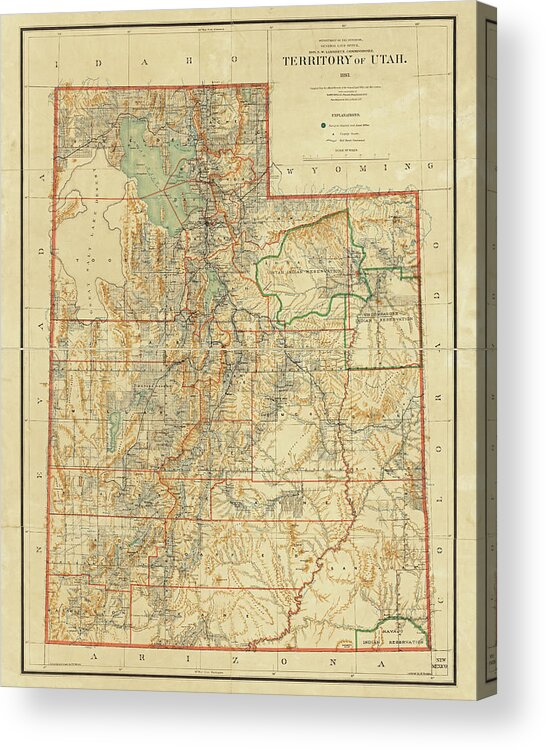Utah Acrylic Print featuring the photograph 1893 Historic Territory of Utah Map in Color by Toby McGuire