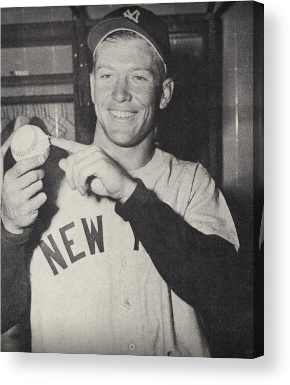 Mickey Mantle Acrylic Print featuring the mixed media 1953 Mickey Mantle Home Run Photo by Row One Brand