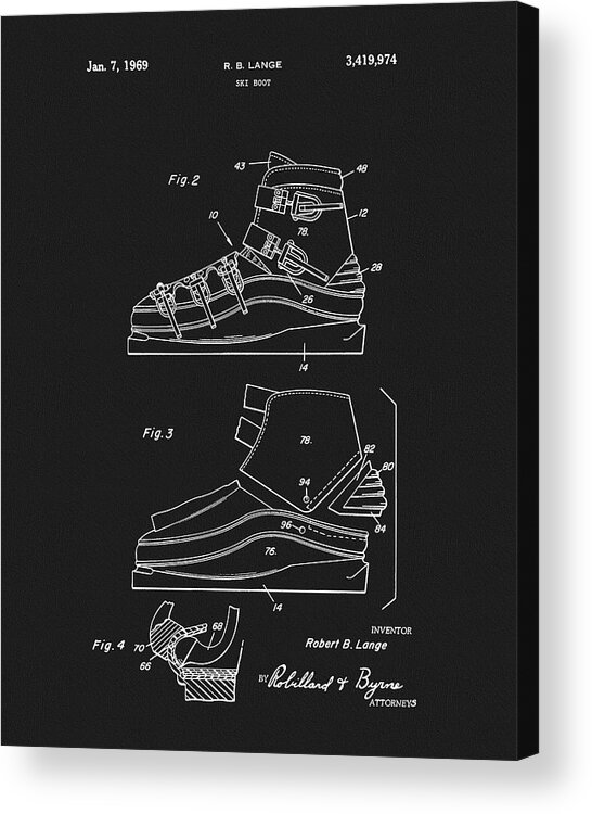 1969 Ski Boot Patent Acrylic Print featuring the drawing 1969 Ski Boot Patent by Dan Sproul