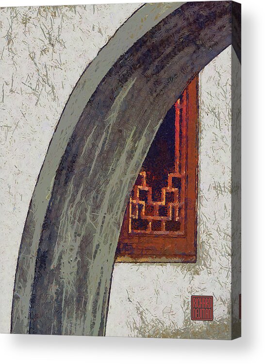 Abstract Acrylic Print featuring the mixed media 274 Architectural Abstract Art, Wood Window Arch Guiyuan Buddhist Temple, Wuhan, China by Richard Neuman Architectural Gifts