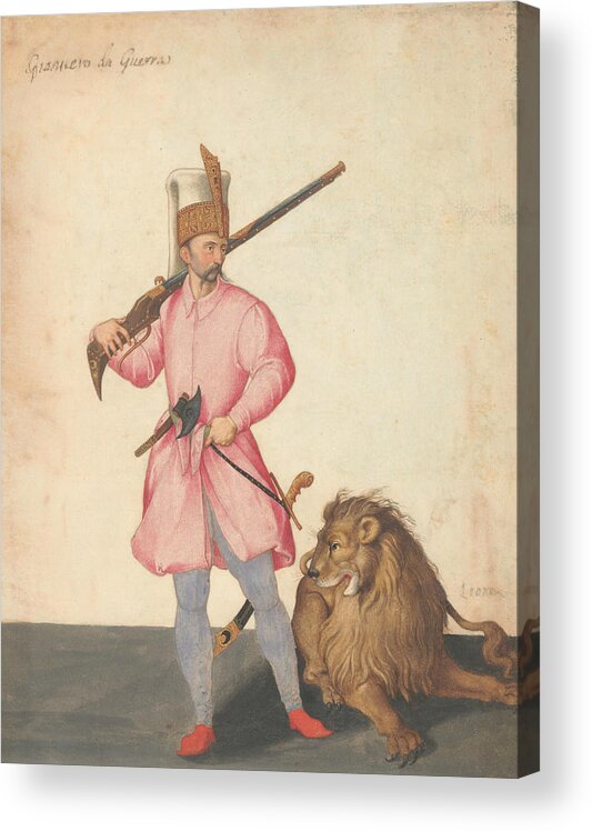 16th Century Painters Acrylic Print featuring the drawing A Janissary of War with a Lion by Jacopo Ligozzi