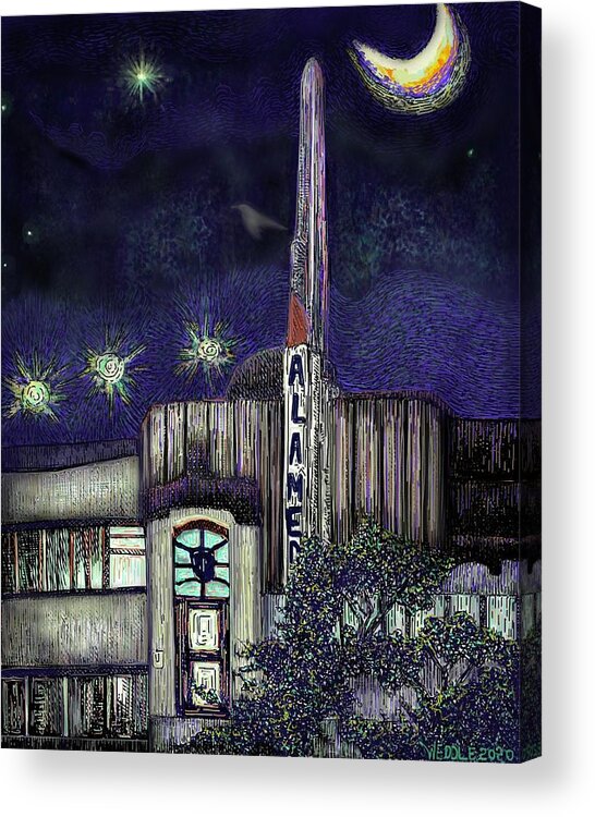 Alameda Acrylic Print featuring the digital art Alameda Theater at Night by Angela Weddle