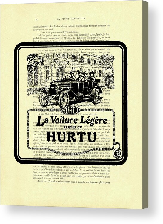 Oldtimer Acrylic Print featuring the digital art Antique Hurtu oldtimer ad on a French book page by Madame Memento