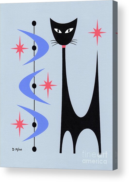Mid Century Cat Acrylic Print featuring the painting Atomic Cat Gray with Blue Boomerangs by Donna Mibus