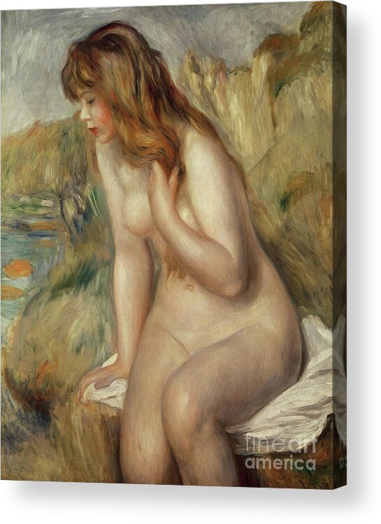 Renoir Acrylic Print featuring the painting Bather seated on a rock by Renoir by Pierre Auguste Renoir