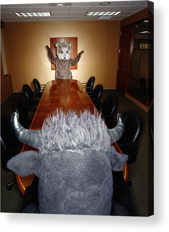 Corporate Business Acrylic Print featuring the photograph Bear and bull looking at each other across conference room table by Ryan McVay
