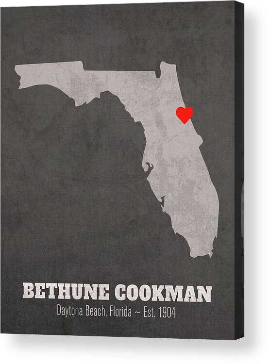 Bethune Cookman University Acrylic Print featuring the mixed media Bethune Cookman University Daytona Beach Florida Founded Date Heart Map by Design Turnpike