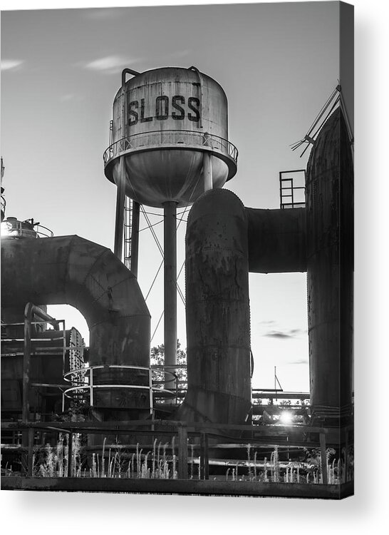 Birmingham Alabama Acrylic Print featuring the photograph Birmingham Alabama Sloss Furnaces Tower - Black and White by Gregory Ballos