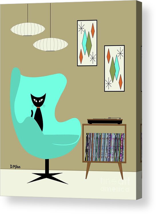 Mid Century Black Cat Acrylic Print featuring the digital art Black Cat in Record Player Room by Donna Mibus