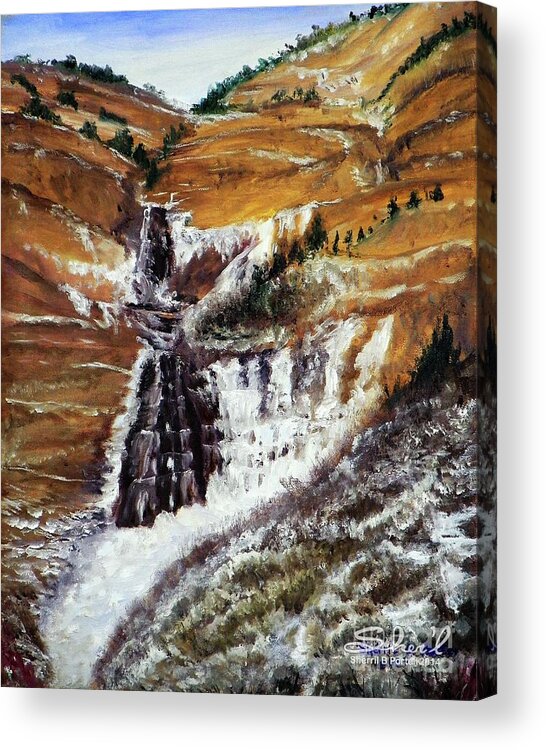 Sherril Porter Acrylic Print featuring the painting Bridal Veil Falls in Winter by Sherril Porter