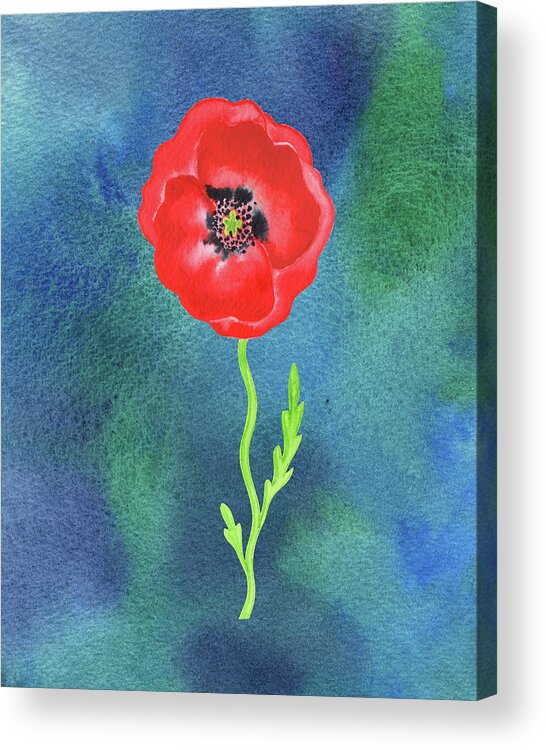 Poppy Acrylic Print featuring the painting Bright Beautiful Red Poppy Flower Happy Wildflower On Blue Watercolor III by Irina Sztukowski