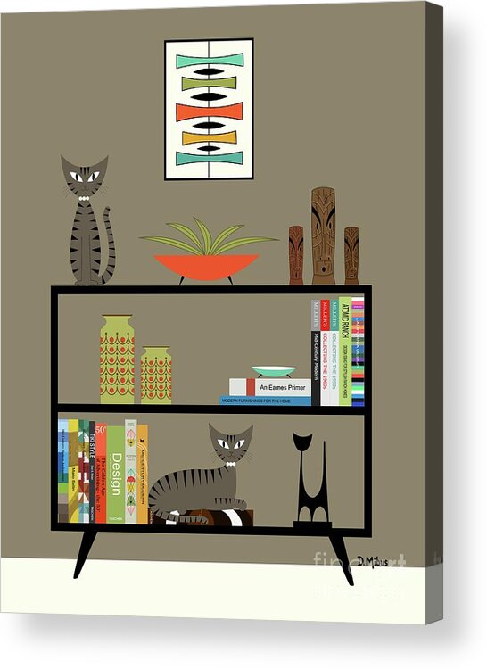 Mid Century Modern Brown Gray Tabby Cats Acrylic Print featuring the digital art Brown Gray Tabby Cats on Bookcase by Donna Mibus