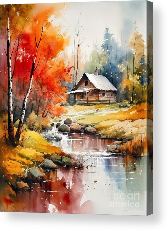 Cabin And Stream Ii Acrylic Print featuring the mixed media Cabin and Stream II by Jay Schankman