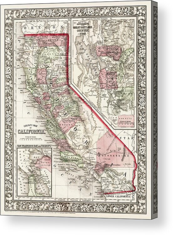 California Acrylic Print featuring the photograph California Vintage County Map 1860 by Carol Japp