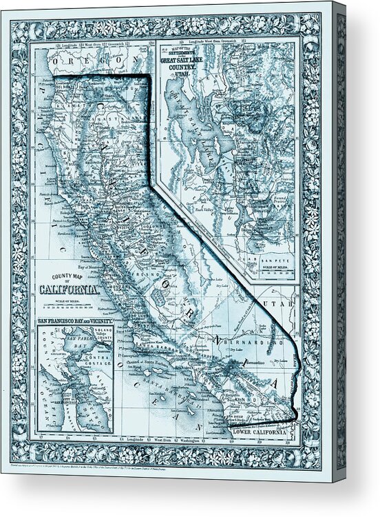 California Acrylic Print featuring the photograph California Vintage County Map 1860 Ocean Blues by Carol Japp