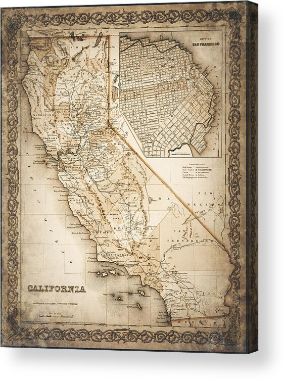 California Map Acrylic Print featuring the photograph California Vintage Map 1855 Sepia by Carol Japp