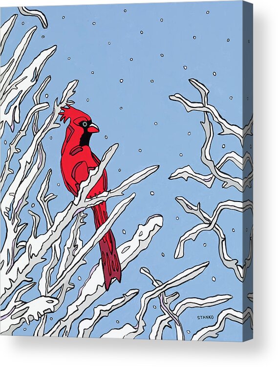 Cardinal Winter Branches Bird Acrylic Print featuring the painting Cardinal Winter by Mike Stanko
