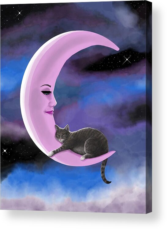 Cat Acrylic Print featuring the digital art Cat 661 Pink Moon by Lucie Dumas