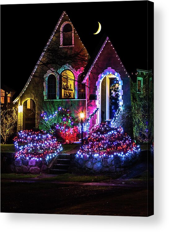 Alex Lyubar Acrylic Print featuring the photograph Christmas house on a moonlit night by Alex Lyubar