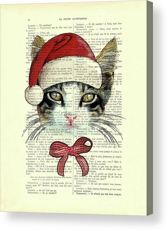 Cat Acrylic Print featuring the mixed media Christmas kitty, cute xmas cat by Madame Memento