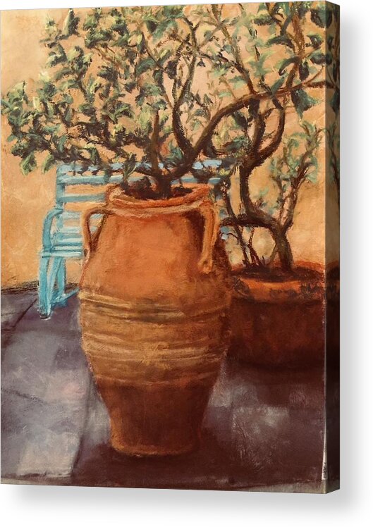 Southwest Acrylic Print featuring the pastel Clay Pots in the Plaza by Harriett Masterson