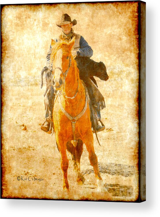 Cowboy Acrylic Print featuring the mixed media Cowboy Helps Calf by Kae Cheatham