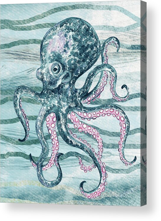 Octopus Acrylic Print featuring the painting Cute Teal Blue Watercolor Octopus On Calm Wave Beach Art by Irina Sztukowski