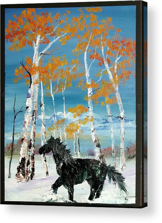 Montana Winter Scene With Horse Acrylic Print featuring the painting Deep Snow SWMontana by Cheryl Nancy Ann Gordon
