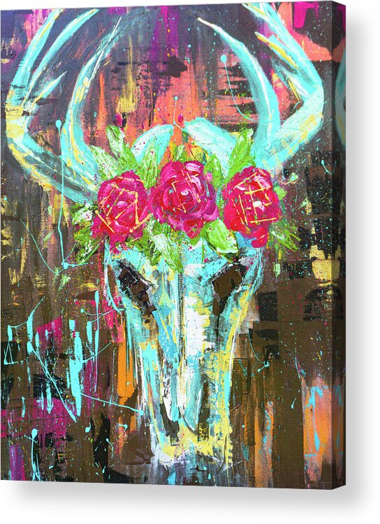 Deer Acrylic Print featuring the painting Deer Skull With Rose Wreath Boho by Joanne Herrmann