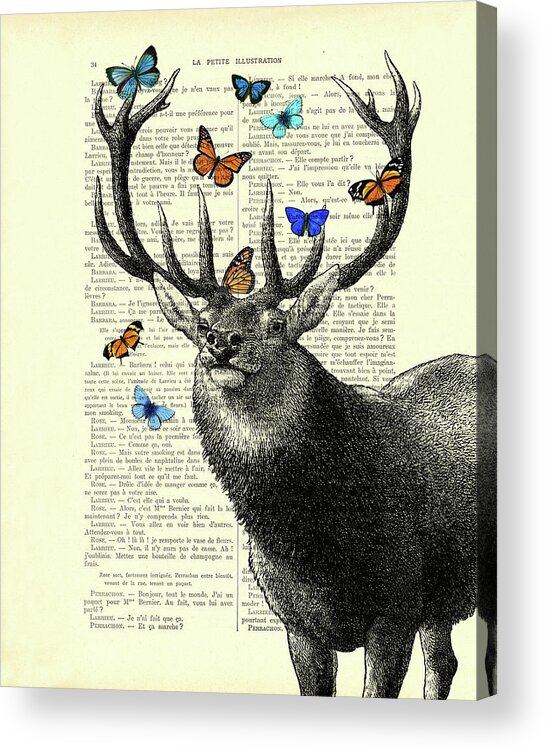 Deer Acrylic Print featuring the digital art Deer with butterflies by Madame Memento