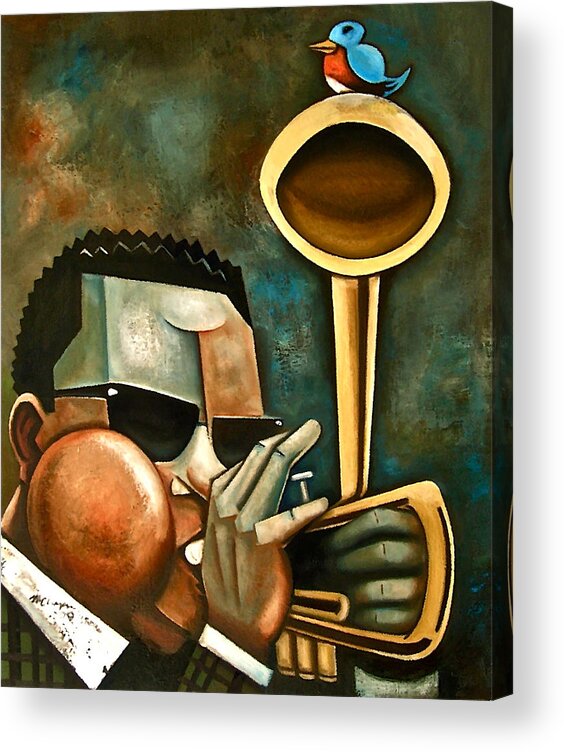 Dizzy Gillespie Charlie Parker Jazz Trumpet Portrait Blue Bird Acrylic Print featuring the painting Diz with Bird by Martel Chapman