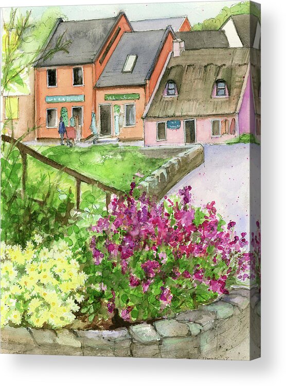 Doolin Acrylic Print featuring the painting Doolin Ireland Shops and Flowers by Rebecca Matthews