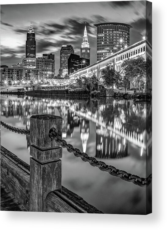 Cleveland Ohio Acrylic Print featuring the photograph Downtown Cleveland Ohio Cityscape Reflections - Black and White by Gregory Ballos