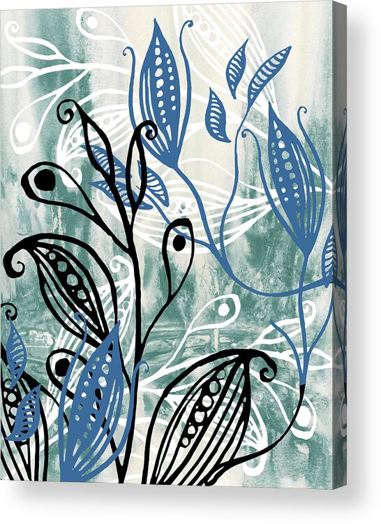 Pods Acrylic Print featuring the painting Elegant Pods And Seeds Pattern With Leaves Teal Blue Watercolor III by Irina Sztukowski